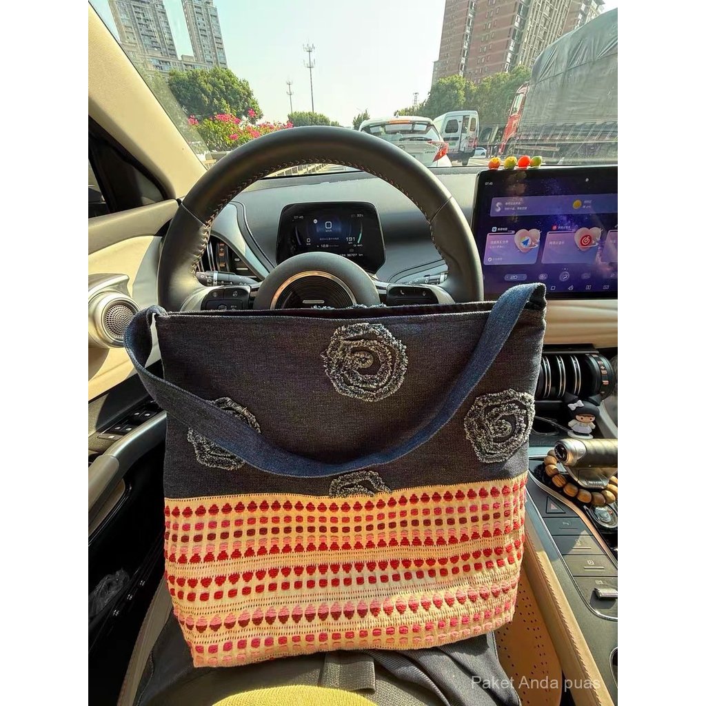 Women's Niche Rose Denim Patchwork Large Capacity Canvas Bag Casual Versatile Shoulder Bag Tote Bag