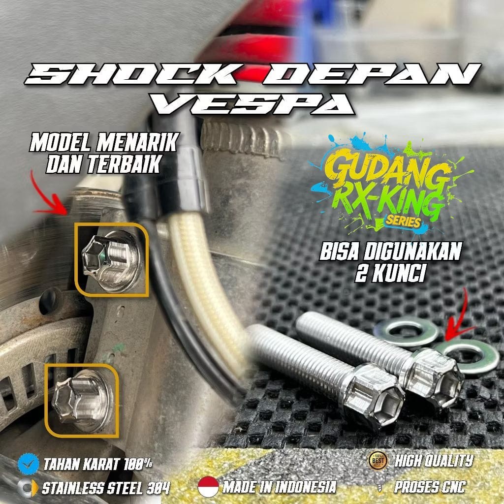 Baut Stainless CNC SHOCK DEPAN Standar Vespa Sprint Primavera LX S Matic Iget baut 2 Kunci