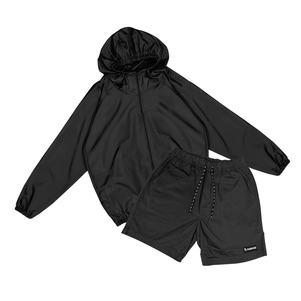 HAFKAMSHOP PURPOSE - Satu Set Jaket Dan Celana Bahan Despo | Celana Pendek Olahraga | Jaket Olahraga