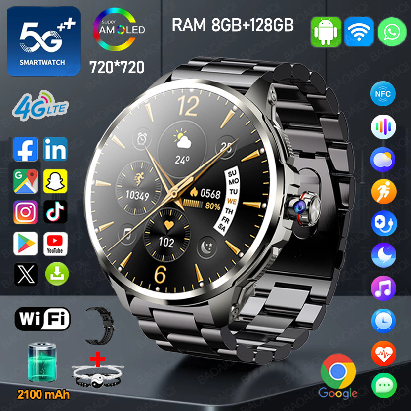 4G/5G Full Network Smart Watch 720*720 AMOLED Screen 900W Pixel Video Call 8GB+128GB RAM 2100 mAh WI