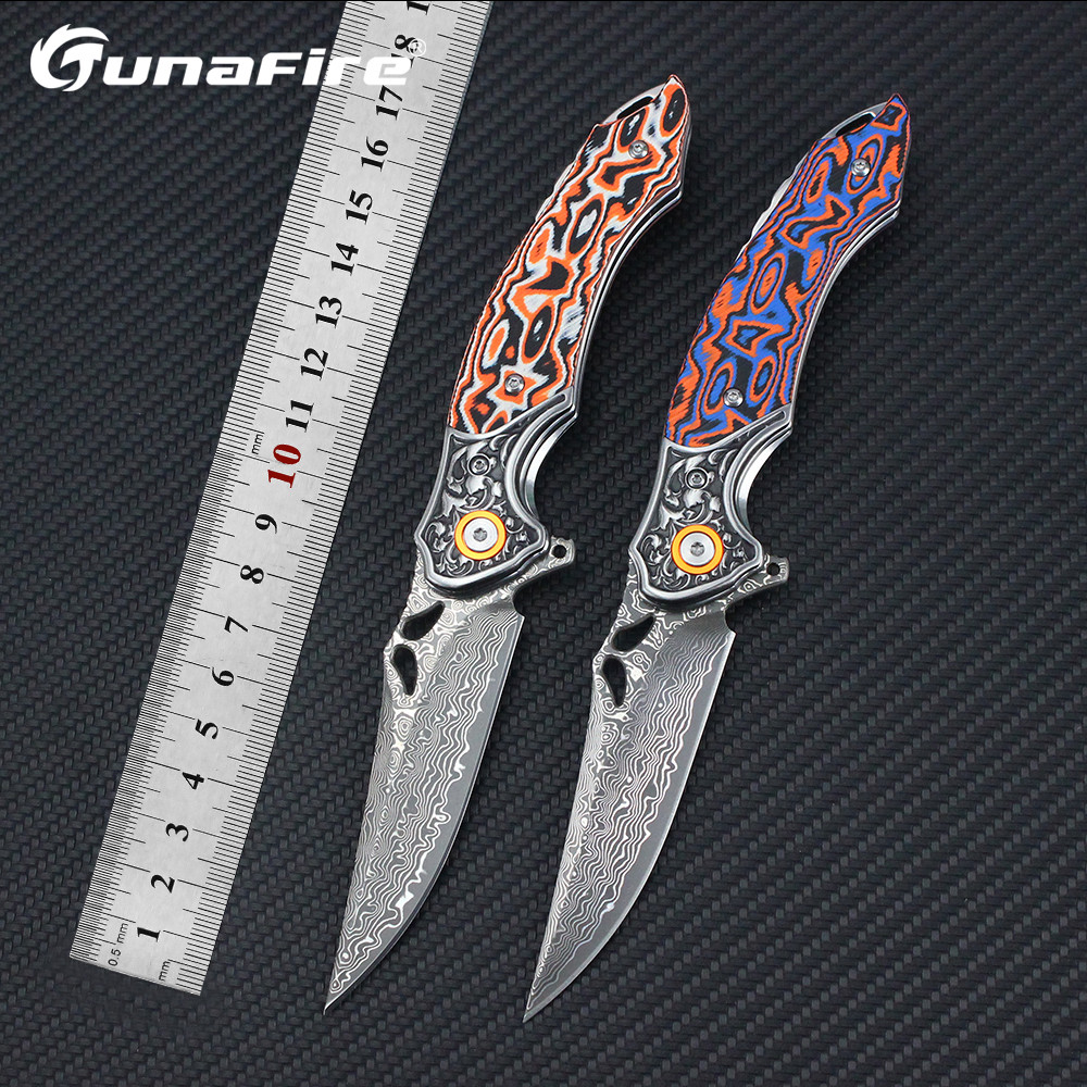 Tunafire EDC Folding Knife, Damascus Steel Pocket Knife,Multicolored handle,Camping Survival Rescue 