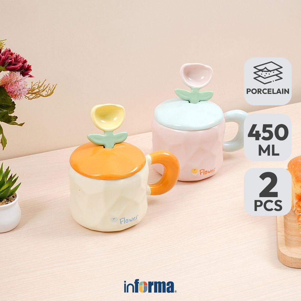 Informa Appetite Mug Porcelain Dengan Tutup & Sendok 450 ml Set 2 Pcs - Mix Gelas Minum Tea Cangkir 