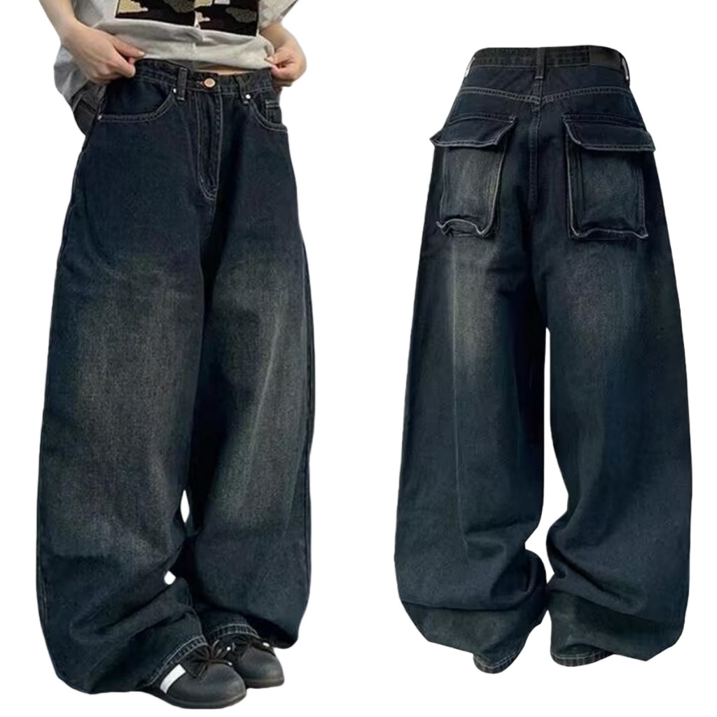 KATERMEN Celana jeans wanita ukuran besar longgar denim celana jeans biru kaki lebar