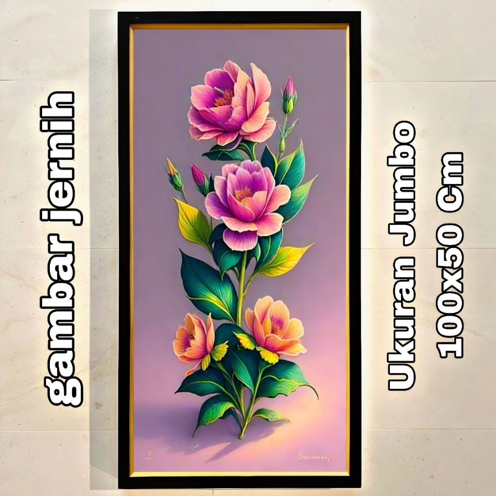 Hiasan Dinding Lukisan Cetak Gambar Bunga Peony Ukuran 50x100cm plus Bingkai Cantik dan Pin Gantunga