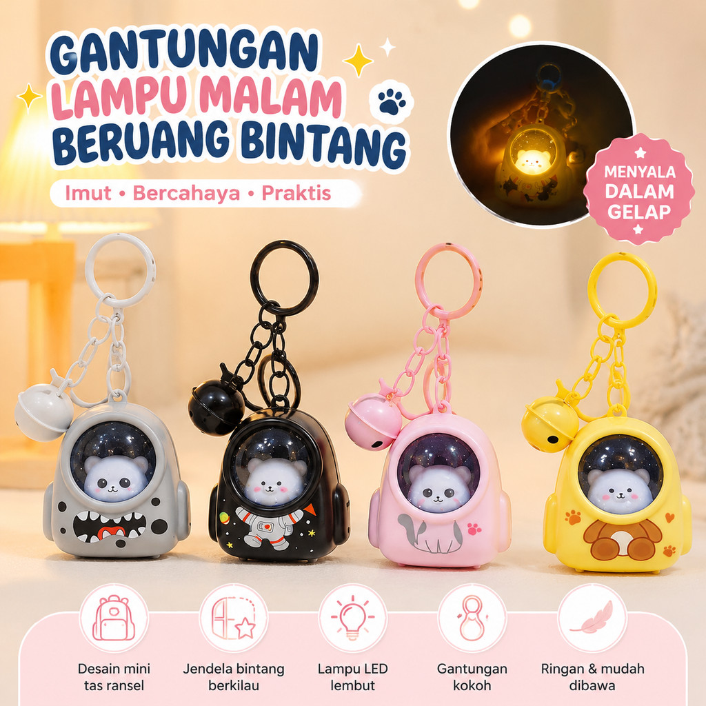 Little Bear Schoolbag Night Light Keychain Bag Pendant Internet Selebriti Suasana Cahaya Keychain Ca