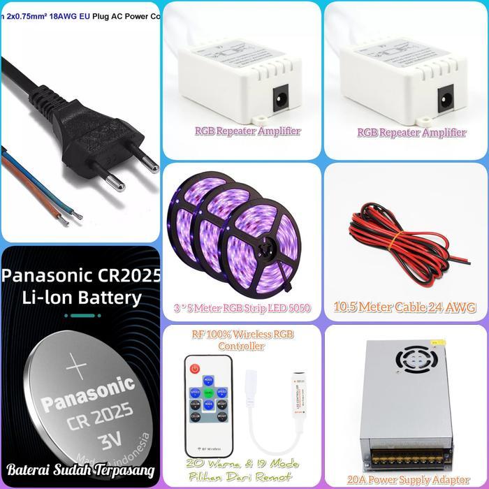 LAMPU FLEXIBLE LED 15 METER STRIP RGB 5050 REMOT WIRELESS ADAPTOR 20A