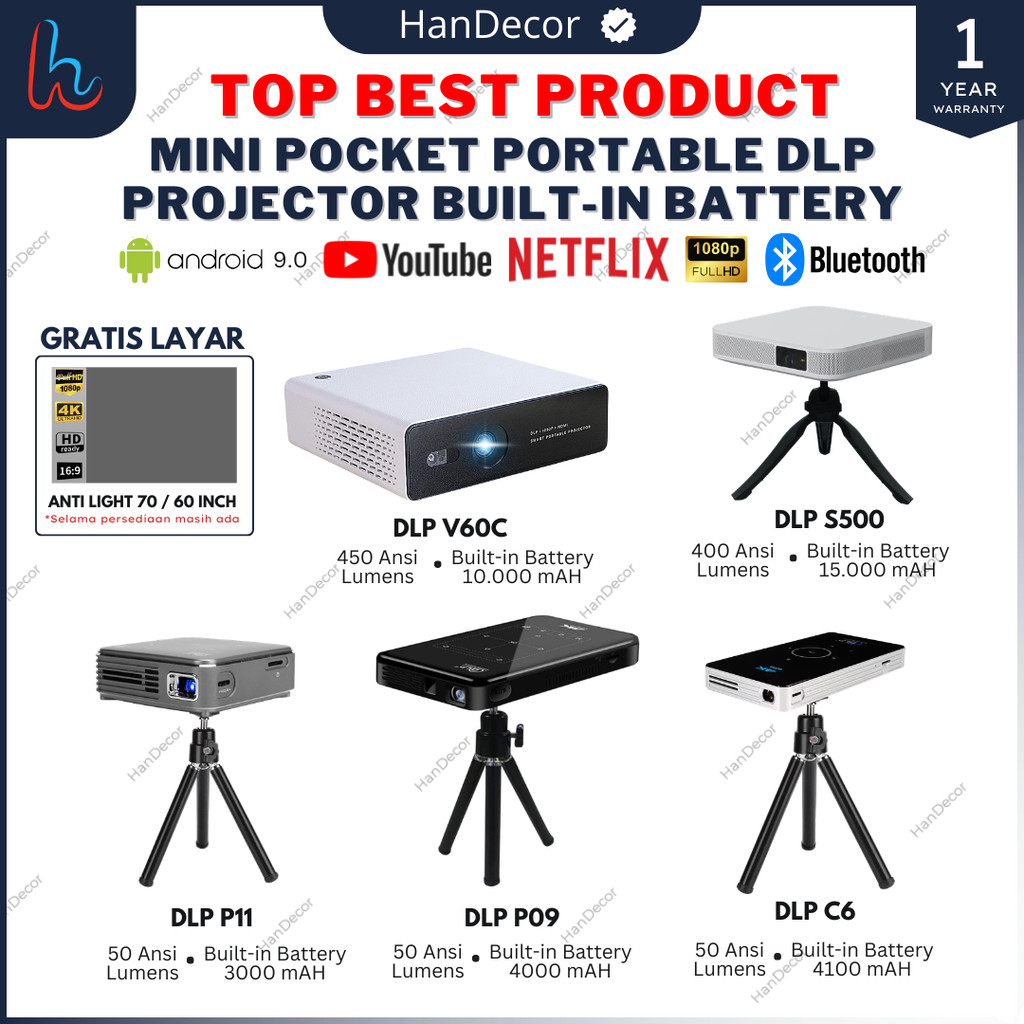 DLP | Proyektor DLP P11 - C6 - P09 - V60C - S500 Projector Android | 50 - 450 Ansi Lumens  Built In 