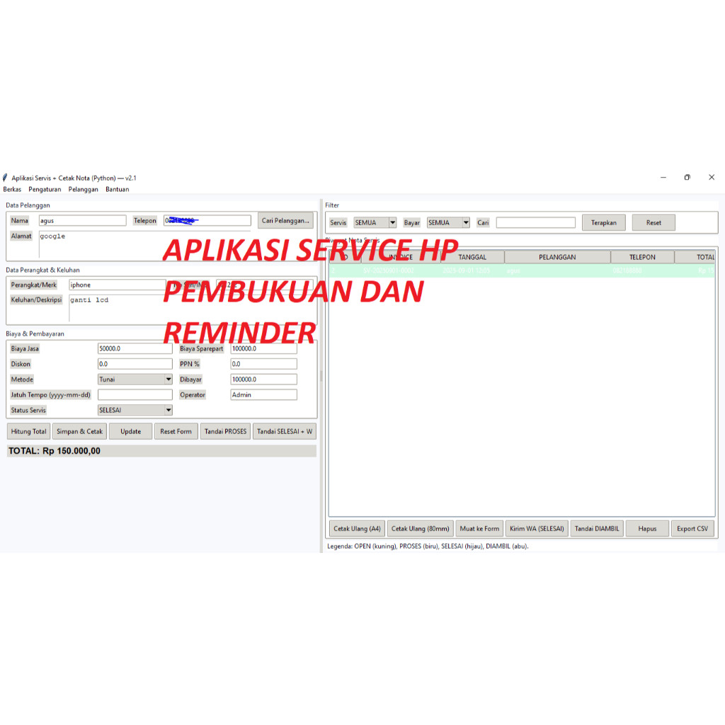 software aplikasi pembukuan dan service hp / elektronik