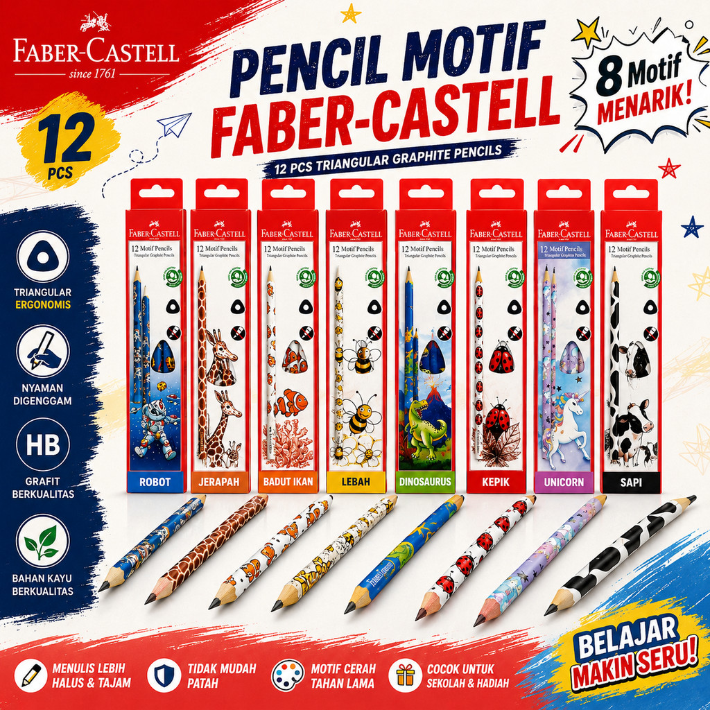 Faber Castell Pensil Graphite Motif Triangular HB Premium Berkualitas Original Pencil Tulis Karakter
