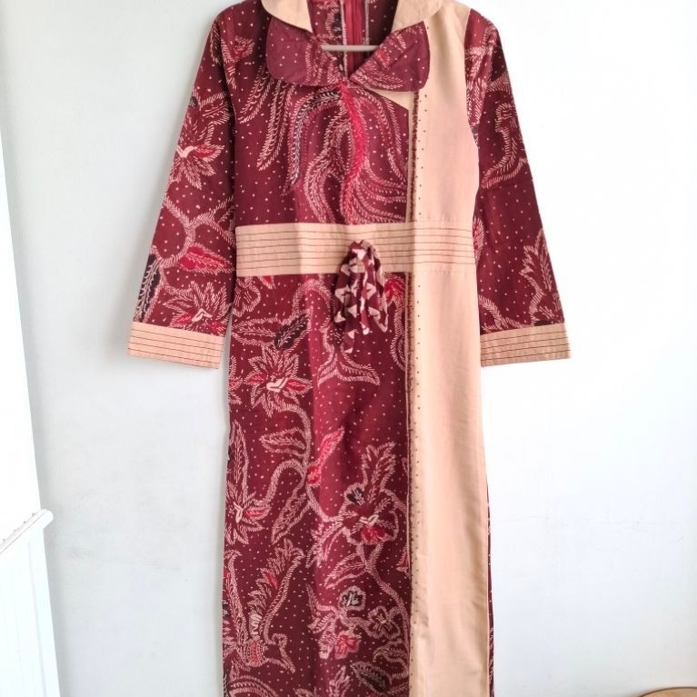 Gamis Batik Madura Merah Maroon - Detail Payet, Kain Katun Halus, Buatan Butik, Dress, Gaun, Pakaian