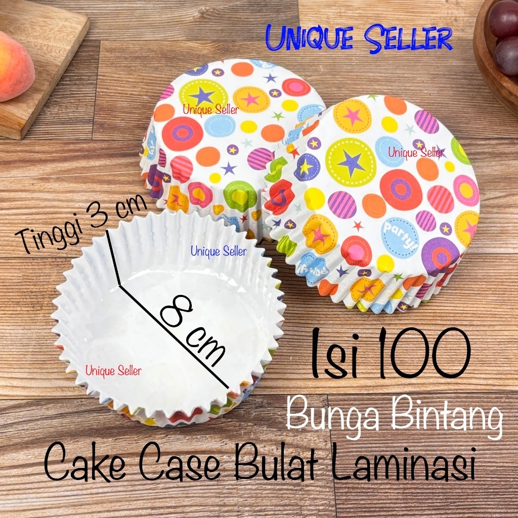 Cake Case Bulat Laminasi 8 cm isi 100 pcs Bunga Bintang Anti Minyak Cup Cake PET CC 8cm Alas Kue Rot