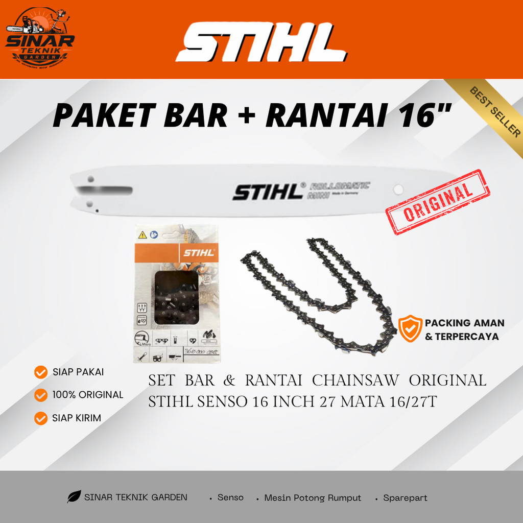 Set Bar dan Rantai Chainsaw 16 Inch Stihl 27 Mata 16/27T Guide Bar Senso Sparepart Gergaji Mesin Ori