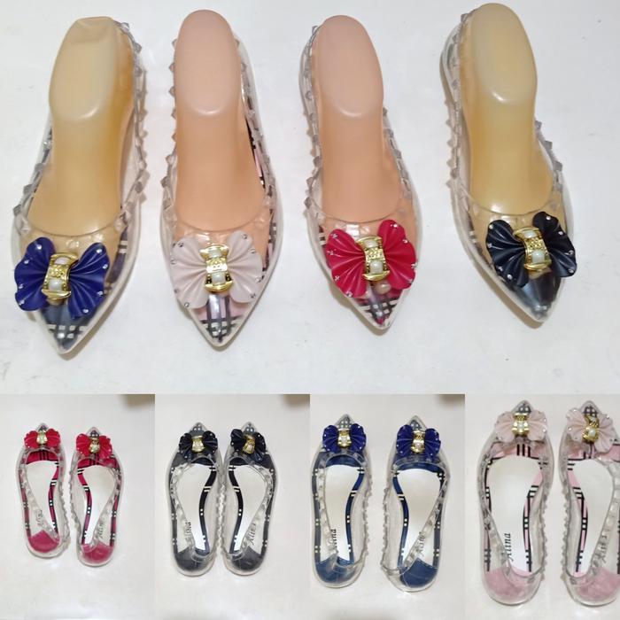 Sepatu Kaca Bening Transparan Motif Bunga No Heels Model Silicone - merah muda 40