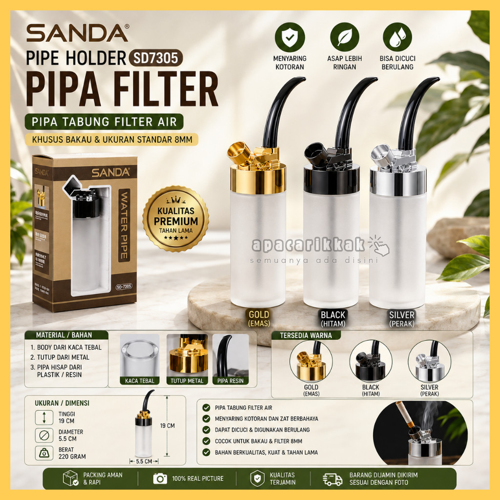 PIPE HOLDER SANDA SD7305 PIPA FILTER SARINGAN AIR PERMANEN BAHAN KACA & METAL UNTUK TEMBAKAU DAN 8MM