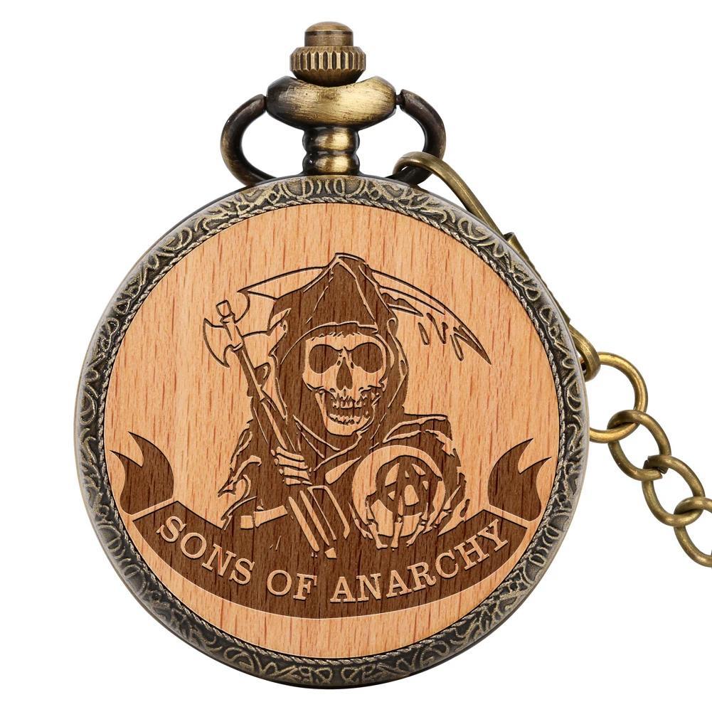 SONS OF ANARCHY Engraved Quartz Pocket Watch Bronze Wooden Case  Antique Fob Chain Necklace Exquisit
