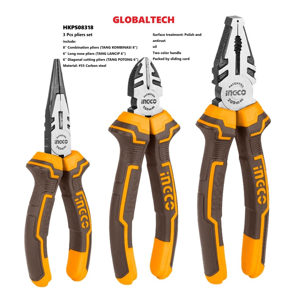 CVGiri INGCO HKPS08318 TANG KARET SET 3PCS PLIERS SET TANG KOMBINASI TANG POTONG TANG LANCIP