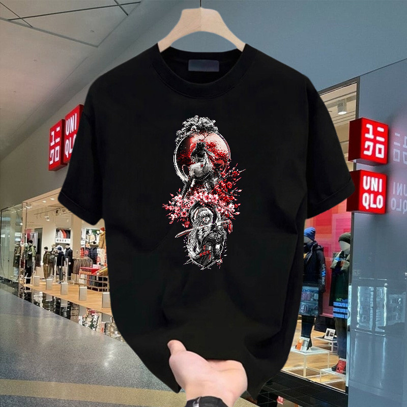 Samurai Wanita Jepang Dengan Bulan Merah Dan Bunga Sakura, Kaos Pendek Unisex Tshirt Berbahan 100% C