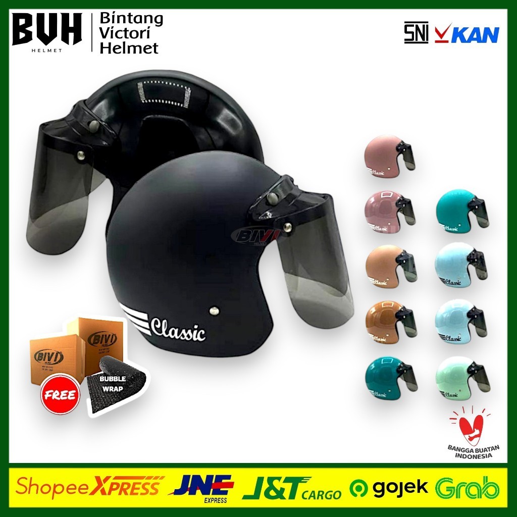 Helm Bogo Classic Garis-Hlem Bogo Half Face Dewasa Wanita Pria Retro SNI