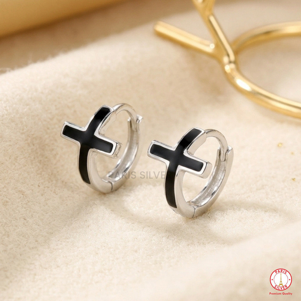 Anting Salib Perak Asli 925 Motif Hitam Pria Wanita Model Bulat Sterling Silver Lapis Emas Putih