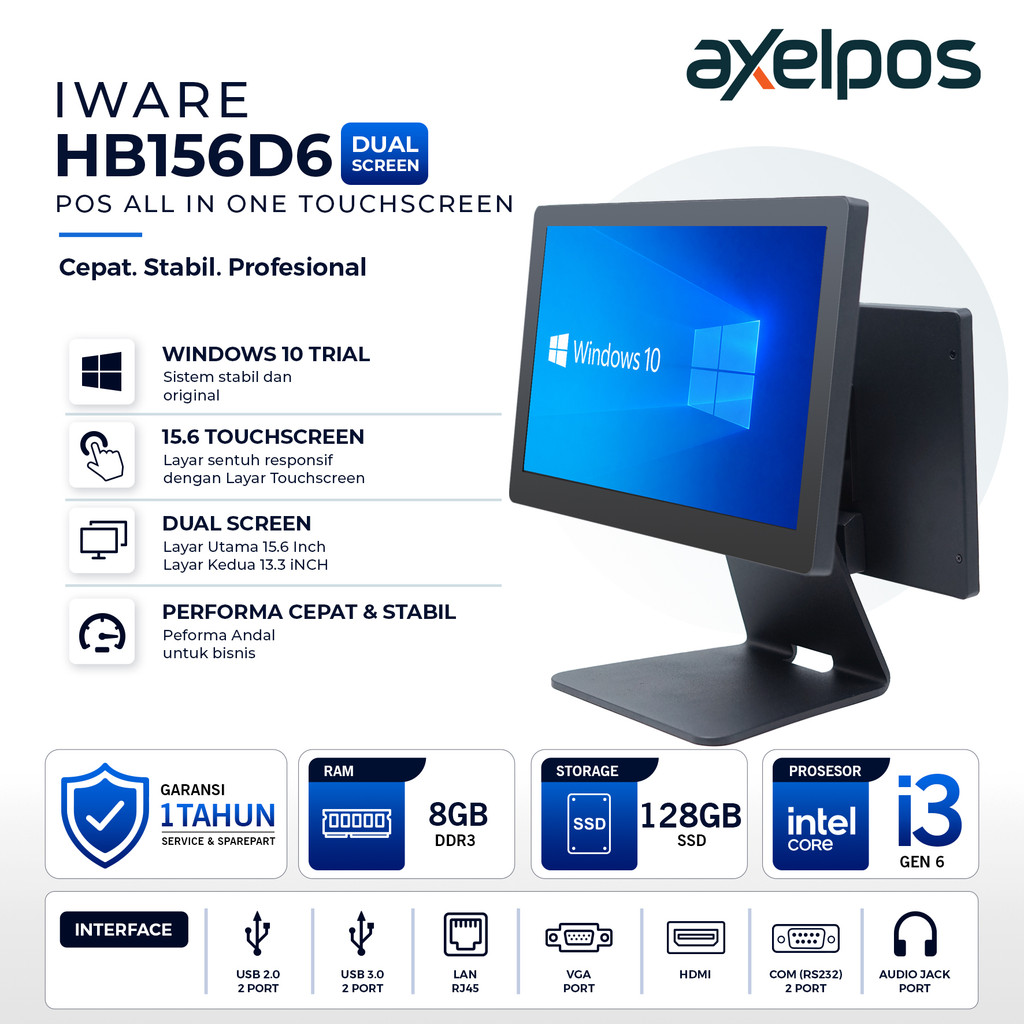 Axelpos Iware HB156D6 Pos All in One Mesin Kasir Touchscreen 15.6 Inch Intel Core I3 Ram 8GB / SSD 1