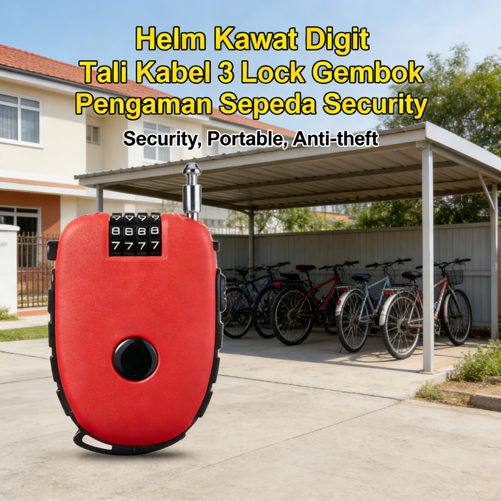 Pengaman Sepeda gembok kabel tali baja Helm gembok kawat gembok kabel tali baja Security Lock 3 Digi