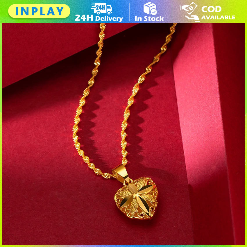 Kalung Kuningan Wanita Berlapis Emas / Liontin Desain Gelombang Air Romantis / Anti Luntur Tahan Lam