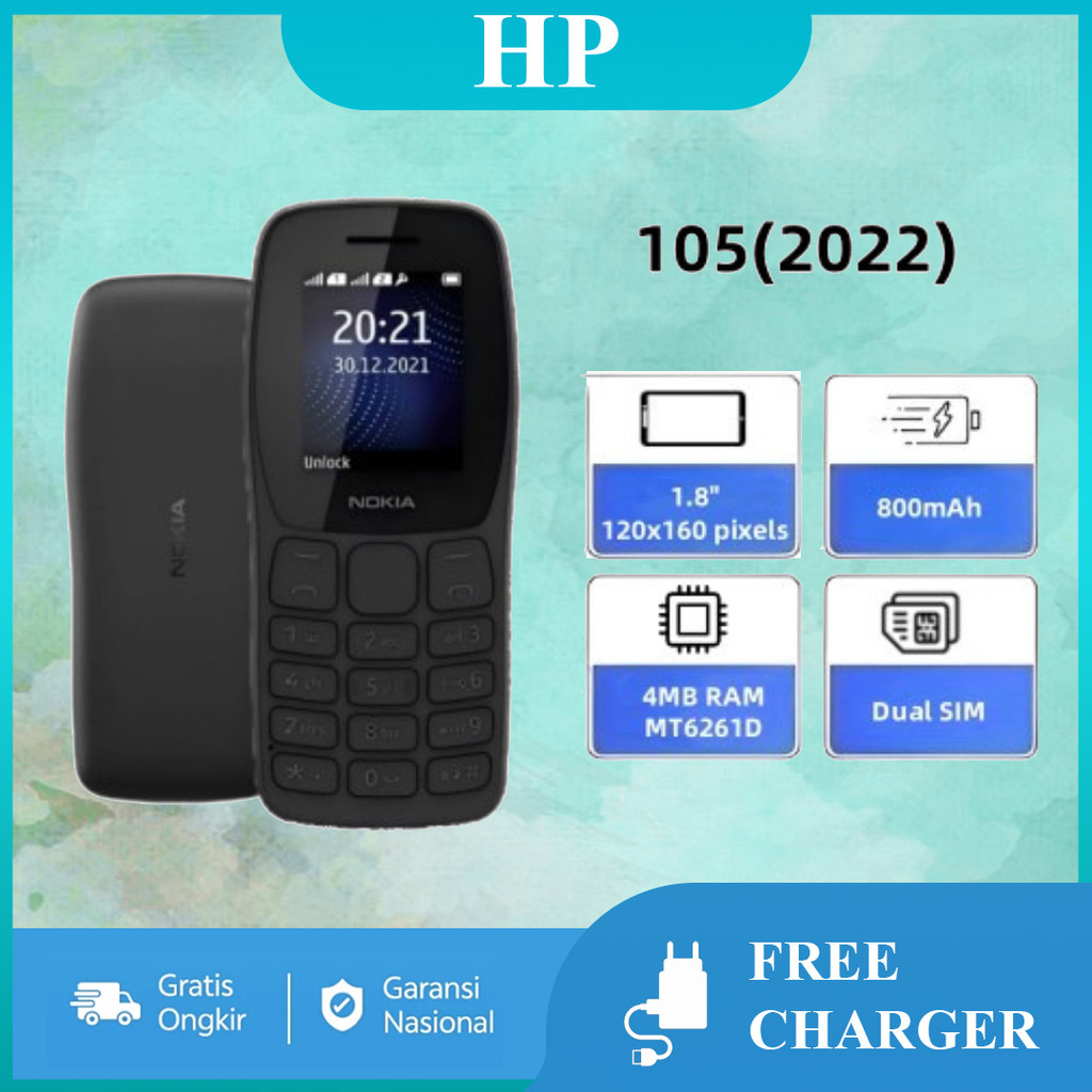 HP Murah Nokia 105 (2022) terbaru Handphone Cuci Gudang Dual SIM, Baterai Tahan Lama 1020mAh, Layar 