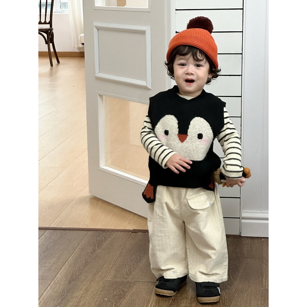 Rompi Rajut Penguin Versi Korea Anak-Anak Set Garis Musim Gugur Baru untuk Anak Laki-Laki