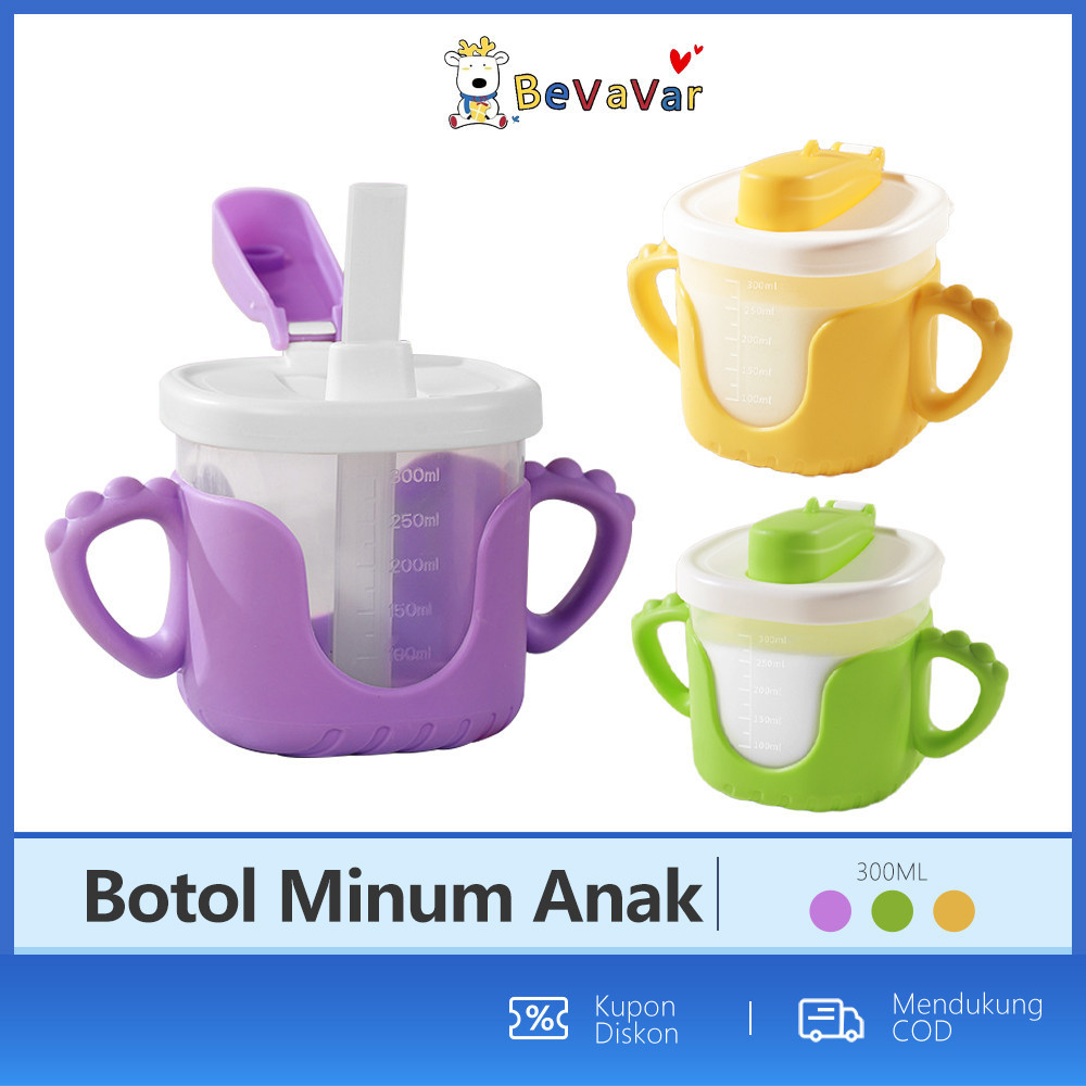 BEVAVAR Straw Training Cup Bayi 300ML Gelas Minum Bayi Silikon Sippy Cup Anti Tumpah