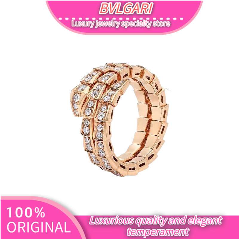 Genuine product BVLGARI Snake Viper Series All-Diamond Snake-shaped Double Ring 18K Rose Gold Women'