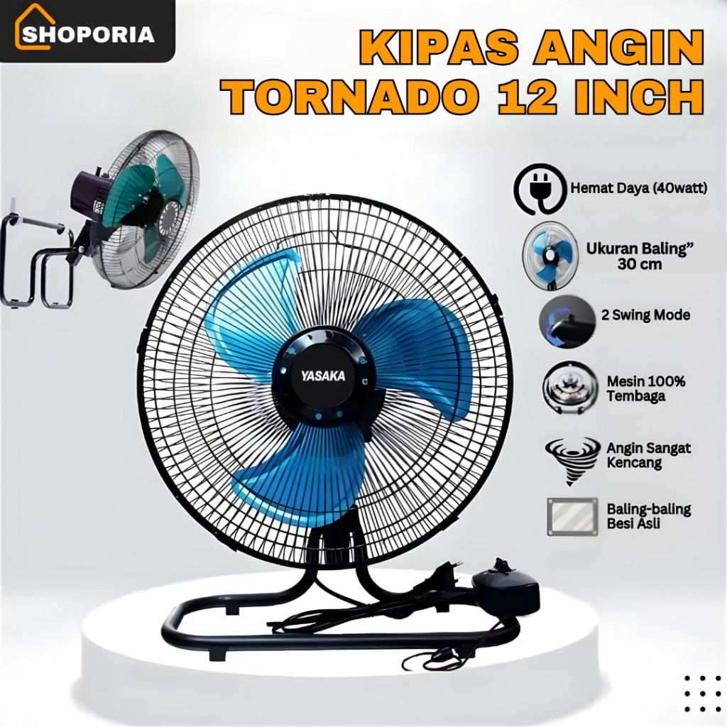 DAILYCASA YASAKA Kipas Angin Tornado Besi Duduk / Dinding Besar 12 Inch