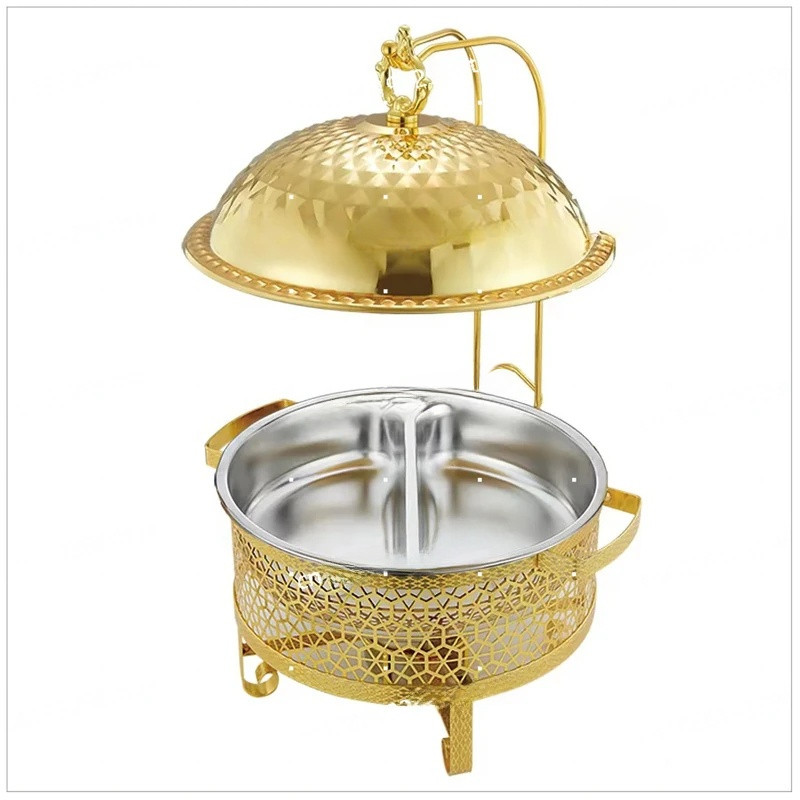 Trading House 4L/6L/8L Large Stainless Steel Gold Round Hanging Chafing Dish Buffet Food Warmer Alco