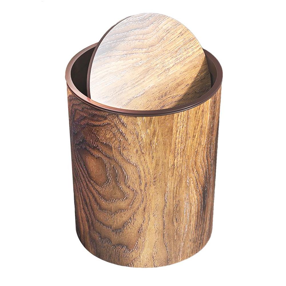 Vintage Swing Lid Trash Can Swing-Top Wastebasket Wood Grain Dustbin Retro Style Garbage Dustbin For