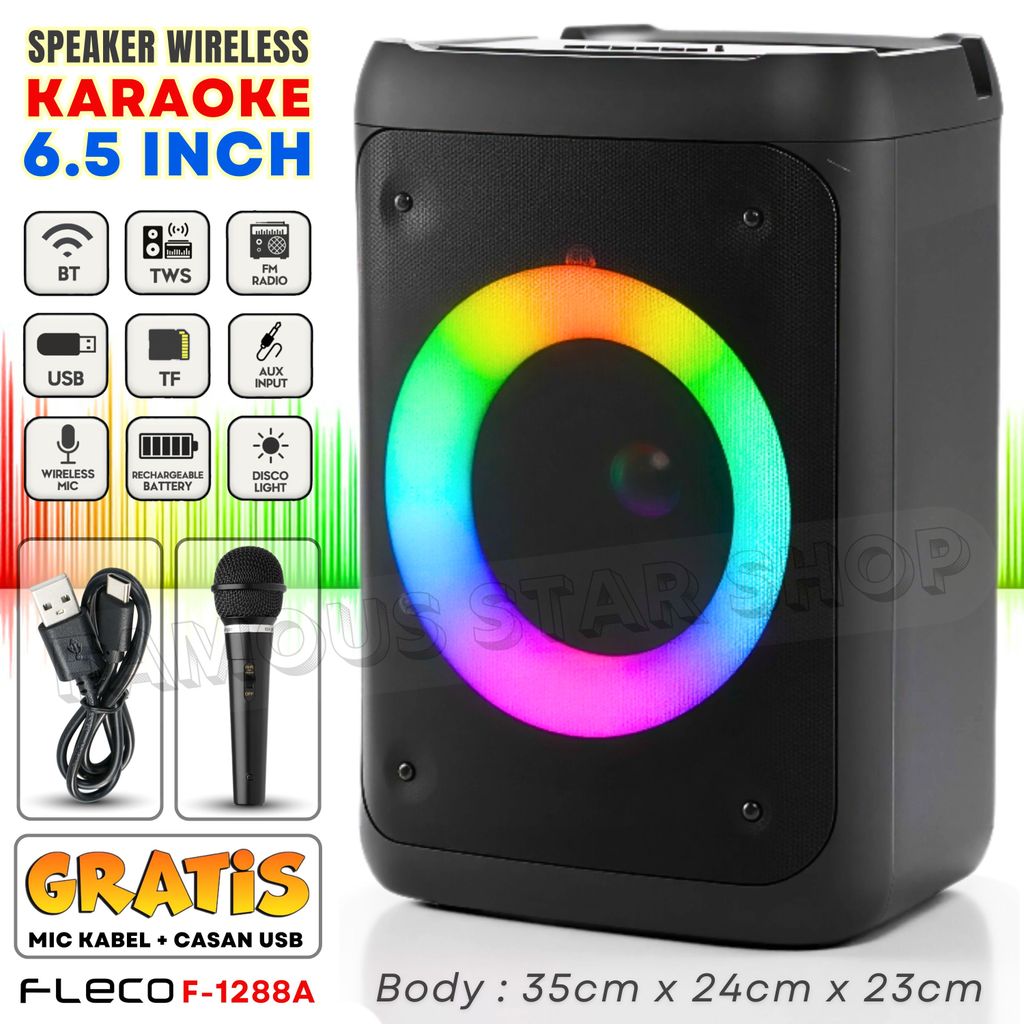 {CID} Speaker Bluetooth Aktif Portable FLECO F-1288A Subwoofer 6.5 inch Karaoke Radio / speaker Akti