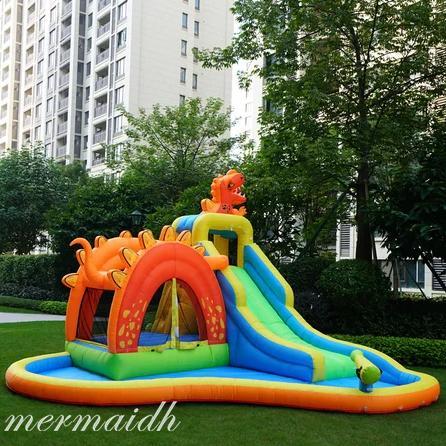 Rumah Balon Orange Dinosaurus Cute Trampoline Mainan Anak Perosotan