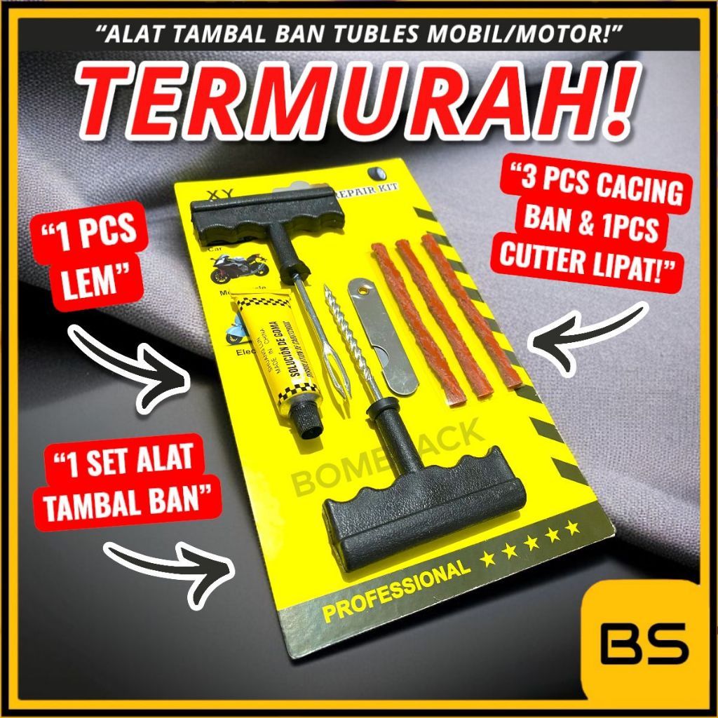Alat Tambal Ban + Lem Tubles Tubeless Bocor Motor Mobil Set