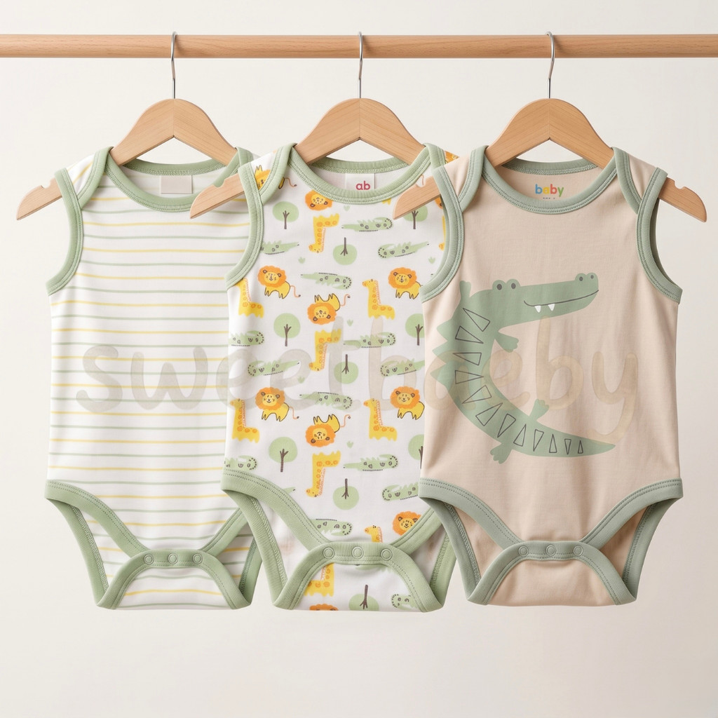 SWEETBAEBY - Jumper Bayi Kutung 3pcs Unisex Bodysuit Sleeveless Katun Lembut 0-9bulan (3VS CROCO)