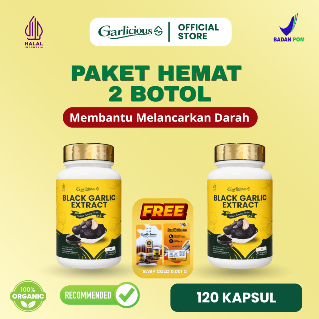TERLARIS Garlicious Black Garlic Extract 120 Kapsul Paket Hemat 2 Botol, Halal, 100% Organic, Gratis