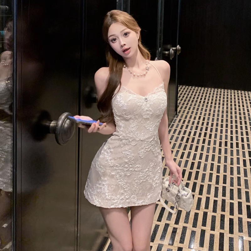 [Vogue Fashion] Pakaian wanita, renda seksi murni, leher terbuka, gaun berpotongan rendah, kain orga