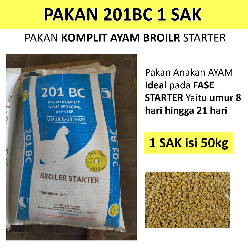 Pakan 201 BC Gold Coin 1 SAK isi 50kg Voer Pur Kumplit Buat Anak Ayam Broiler Fase Starter 8-21 Hari