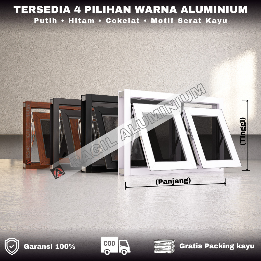 Jendela Aluminium Boven 2 Daun Jungkit Casement Polos Tinggi 50 cm x Panjang 80 cm (50x80)