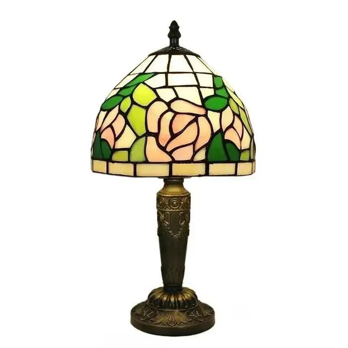 Lampu Meja Kaca Patri Tiffany Motif Bunga Merah Muda Lampu Hias Vintage Romantis