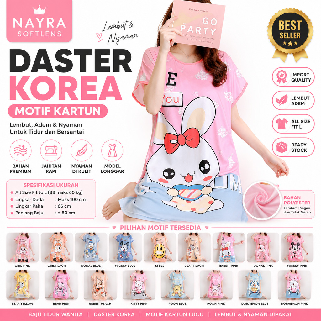 [GROSIR bs COD] Daster Wanita Korea Motif Kartun Baju Tidur Wanita Longgar All Size Fit L Dress Tidu