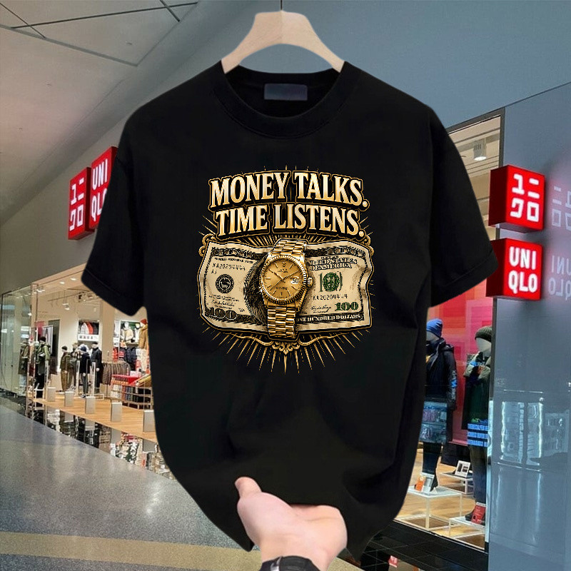 Money Talks Time Listens Dengan Ilustrasi Uang Dolar Dan Jam Tangan Emas, Kaos Pendek Berbahan 100% 