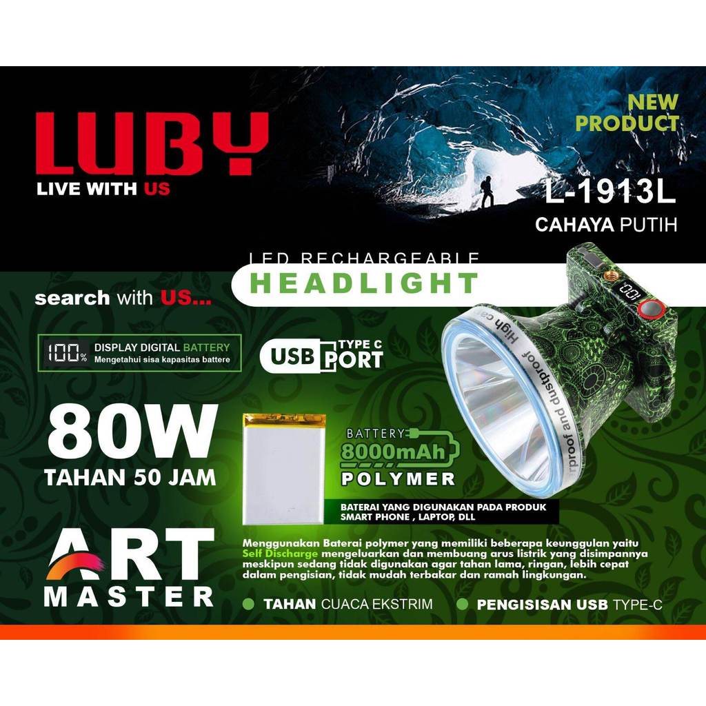 Senter Kepala Jumbo Luby 80 Watt L 1913 / Luby L1913 Waterproof (Promo GAJIAN)