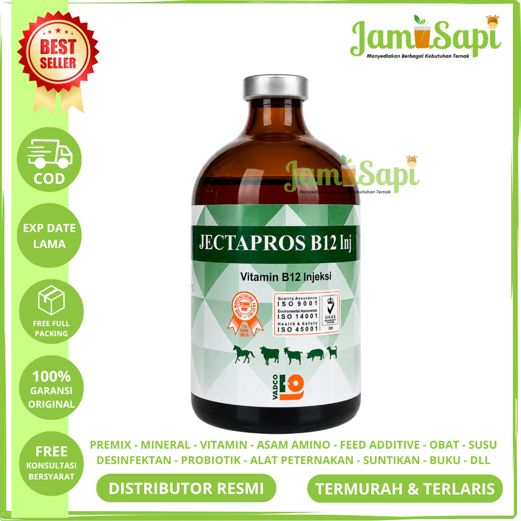 Vitamin B12 JECTAPROS B12 100ML - Vitamin B12 Injeksi Hewan Ternak Sapi Kambing Kuda Domba Babi