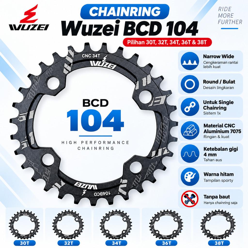 Chainring Wuzei 30T 32T 34T 36T 38T BCD narrow BCD 104 wide untuk single chainring sepeda 104BCD not