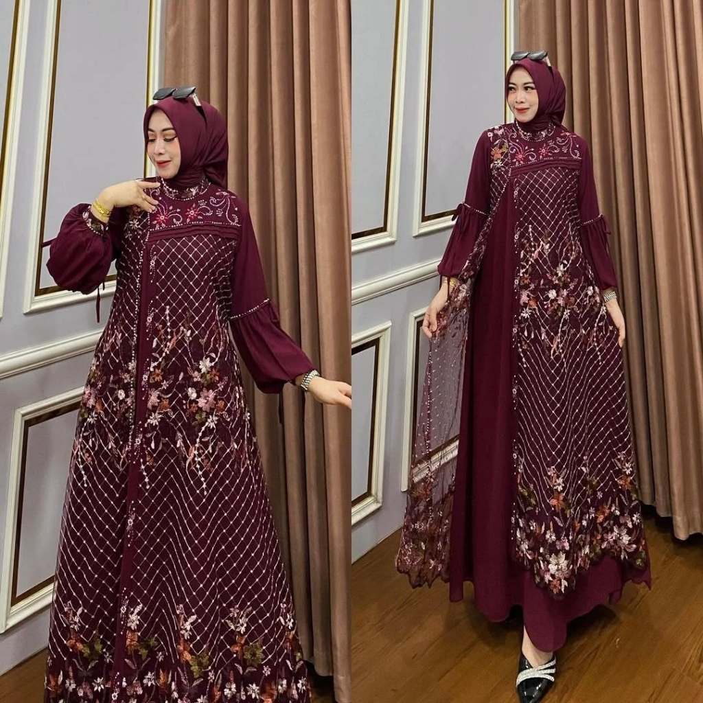 PROMO Clarissa Dress Brukat Tile Motif Bunga Jumbo Ld 120 Model Terbaru Pesta Bigsize Gamis Lebaran 