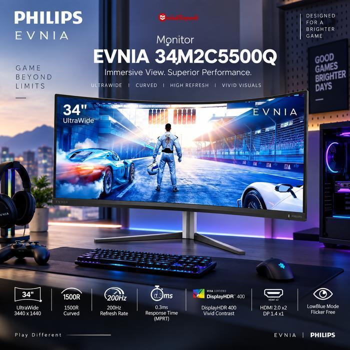 Monitor Philips Evnia 34M2C5500Q Monitor PC Gaming Ultrawide 34 Inch VA Curved Lengkung 200Hz 0.3ms 