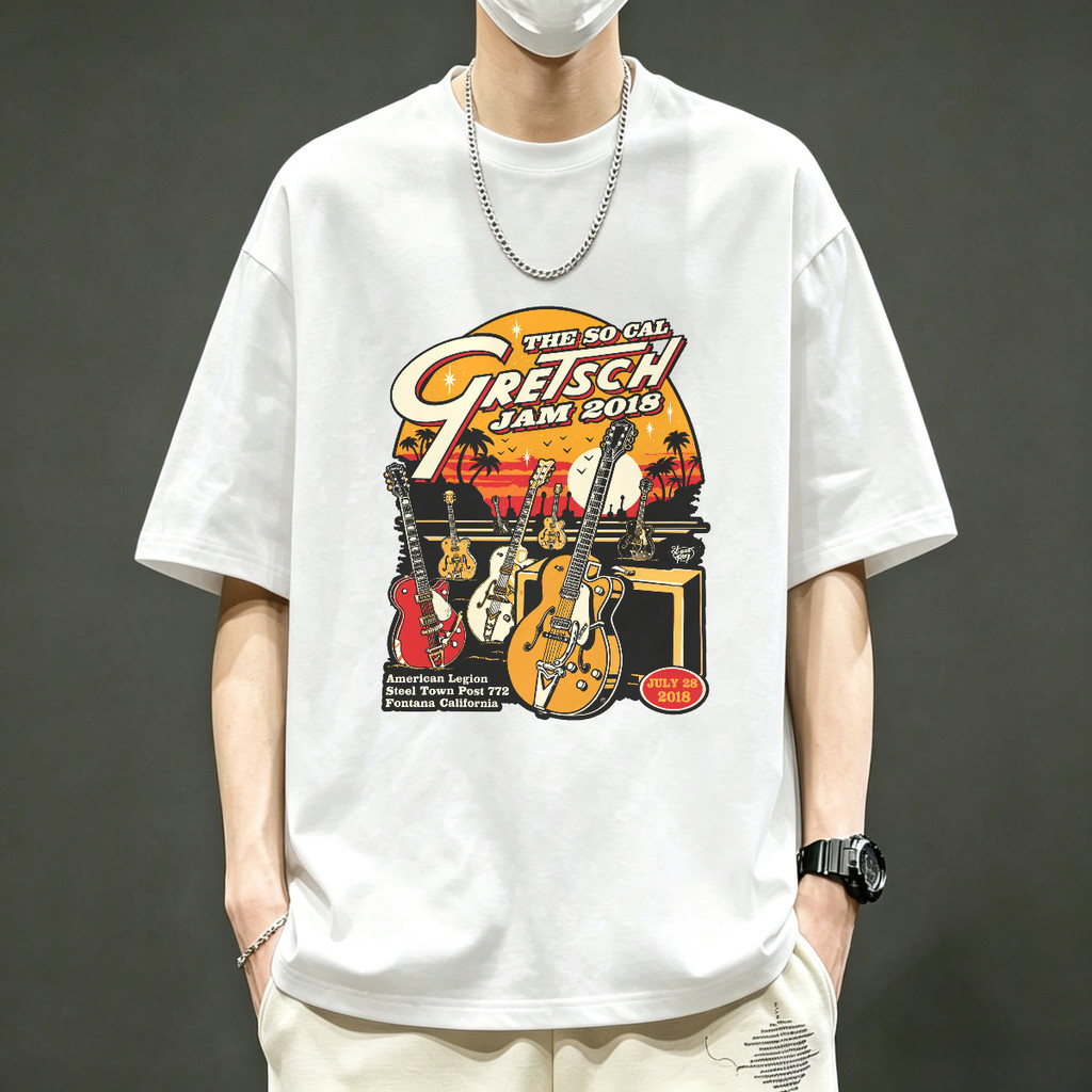 Kaos Band Gretsch Jam 2018 American Style Kaos Vintage T-Shirt Unisex Desain Gitar Musik Retro Ameri